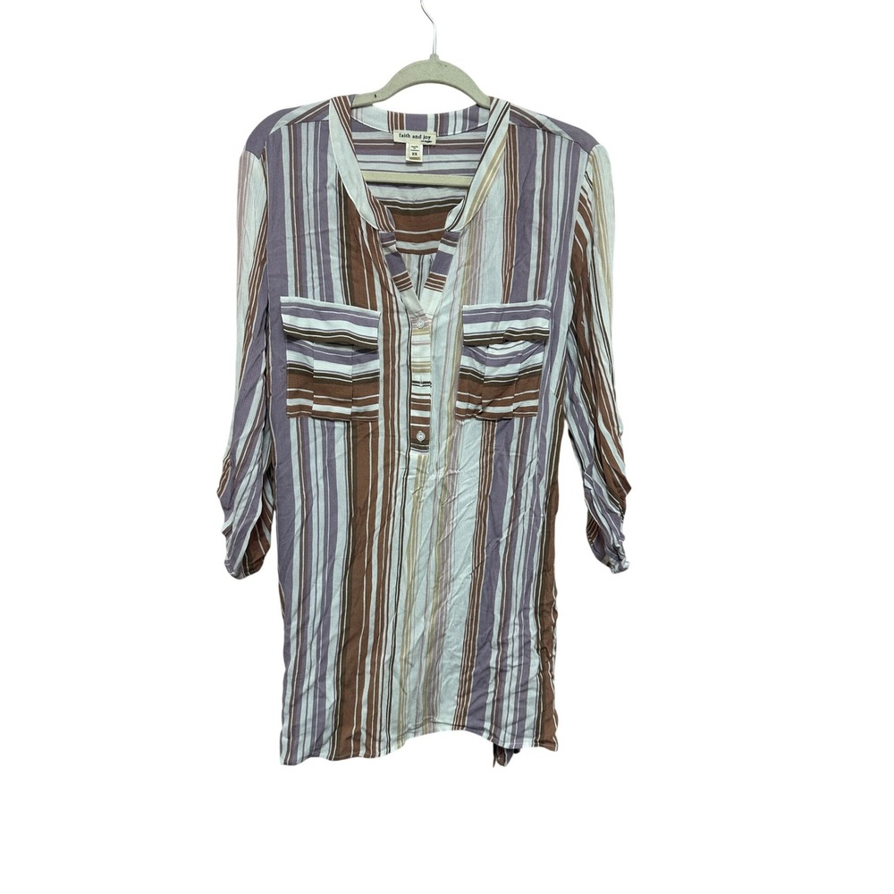 Faith and Joy Tie Back Striped Blouse V-Neck Brown Mauve Plus Size 3X Rayon
